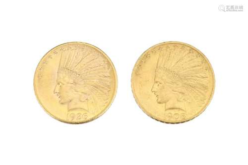 Etats-Unis, 2 pièces de 10 dollars en or, type "tête d`...