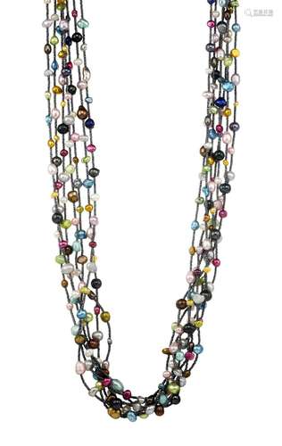 *Collier multi-rangs de perles multicolores teintées alterné...