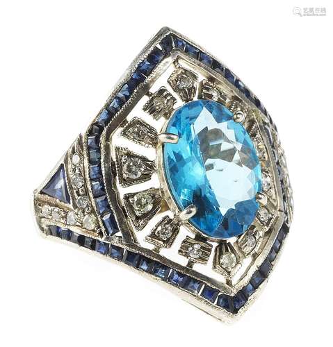 *Bague de style Art déco centrée d'une topaze bleue taille o...