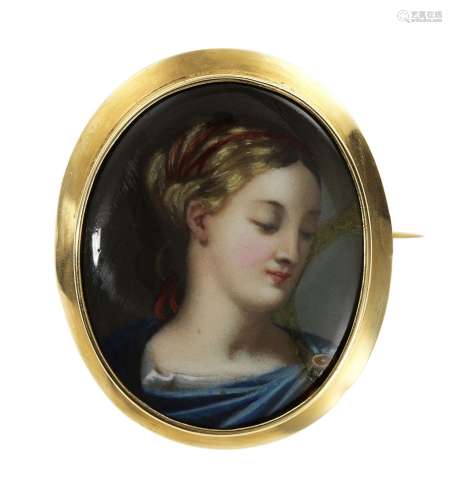 Broche sertie d'un portrait de jeune femme peint sur cuivre<...