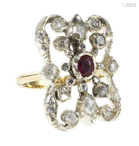 Bague à motif ajouré centré d'un rubis taille ovale et pavé ...