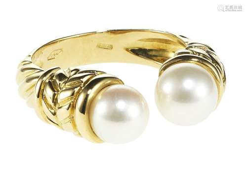 Bague ouverte sertie de deux perles blanches (D env. 7 mm)<b...