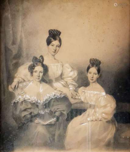 Karl Finck (?-1890)<br />
Portrait de trois filles, estompe ...