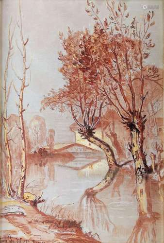 Louis Baudit (1870-1960)<br />
Arbre sur une rivière, fusain...