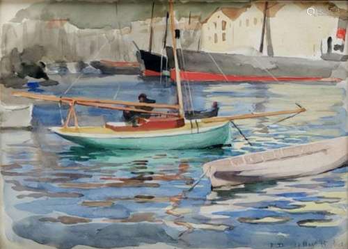 Frédéric Dufaux (1852-1943)<br />
Barque sur le port, aquare...