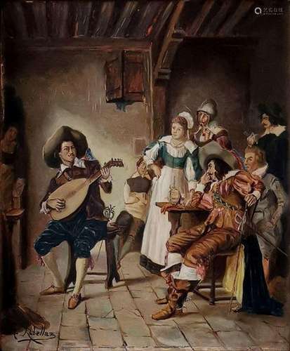 Emile Robellaz (1844-1882)<br />
Scène de taverne, huile sur...