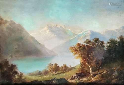 Ecole suisse <br />
Paysage de lac animé, huile sur toile, 3...