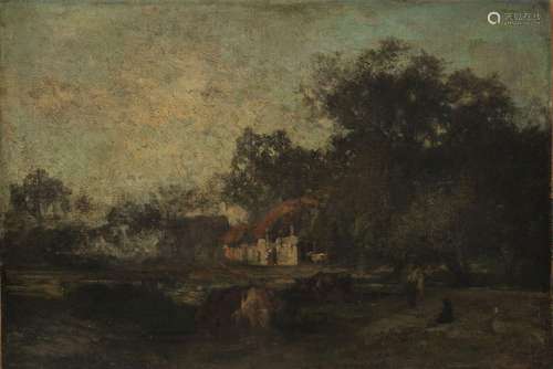 Jules Dupré (1811-1889)<br />
Cour de ferme, huile sur toile...