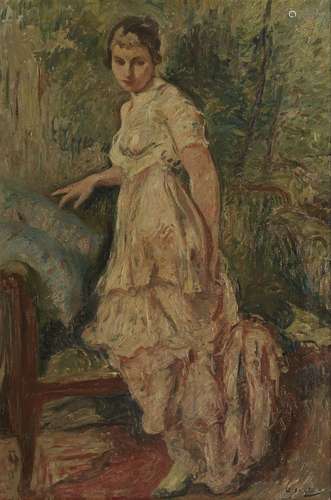 Otto Vautier (1863-1919)<br />
Elégante à la robe rose, huil...