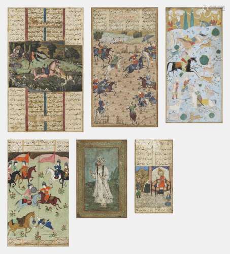 Collection de six miniatures persannes, dynastie Qajar et po...
