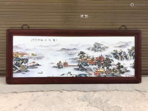 红木镶瓷板画锦绣江南横幅中堂