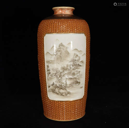 清雍正竹雕矾红墨彩山水纹瓶