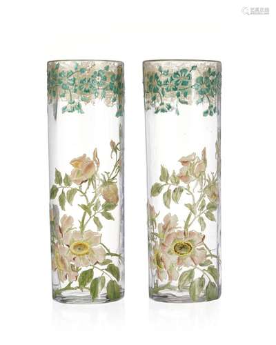 Paire de vases cylindriques style Art Nouveau en verre, déco...