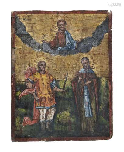 Christ en ciel avec deux saints (à identifier), icône sur pa...