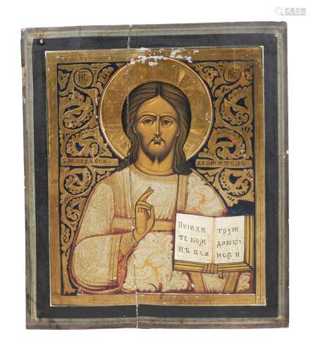 Christ Pantokrator, icône sur panneau polychrome et doré, Ru...