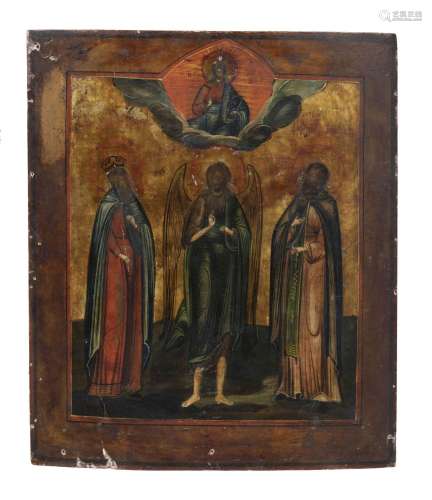 Jean Baptiste avec 2 pères de l`église, icône sur panneau po...