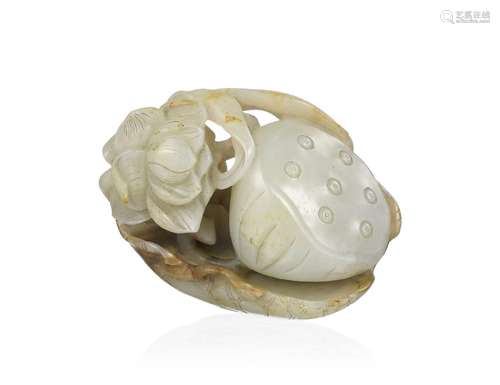 Fleur, cosse et feuille de lotus, sculpture en jade, Chine, ...