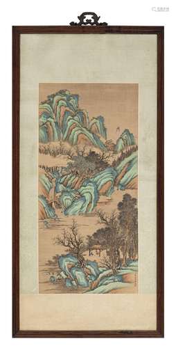 Paysage, 2 peintures sur soie marouflées sur toile, Chine, p...