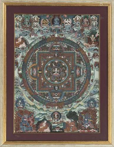 Thangka mandala, Tibet, XXe s., une divinité tricéphale et à...