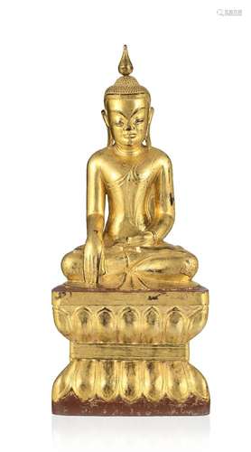 Bouddha assis en bois laqué et doré, Birmanie, XIX-XXe s., s...