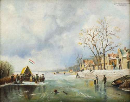 Ida CALZOLARI (1936) "Paysage hollandais sur un lac gel...