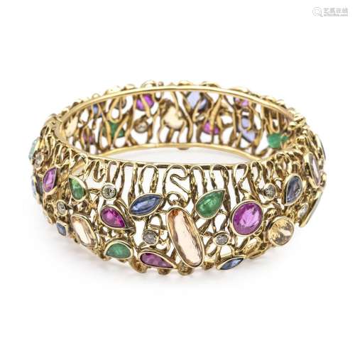 18kt yellow gold cuff bracelet with precious stones