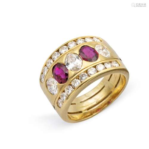 18kt yellow gold band ring with diamonds and rubies