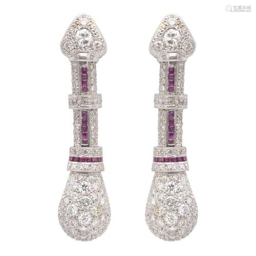 18kt white gold diamond and ruby pendant earrings