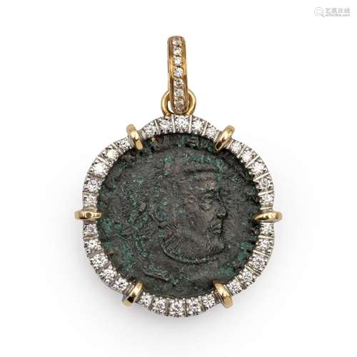 18kt three color gold pendant and antique coin