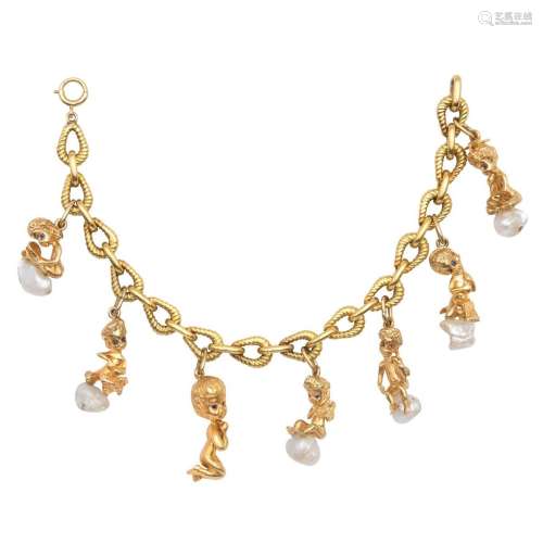 14kt yellow gold and Mississippi river pearls Charms bracele...