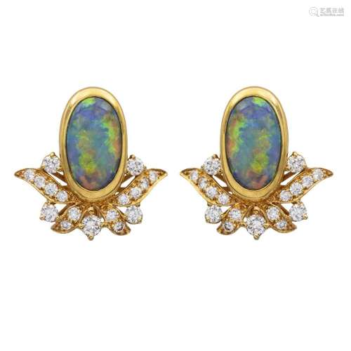 18kt yellow gold harlequin black opals lobe earrings