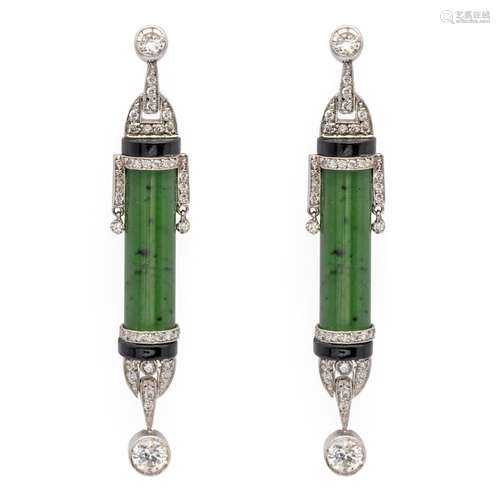 Platinum jadeite, diamonds and black onyx Decò earrings