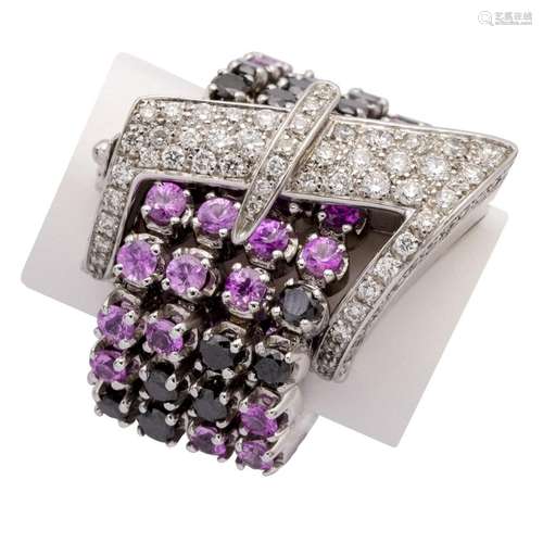 18kt white gold diamond and pink sapphire buckle ring