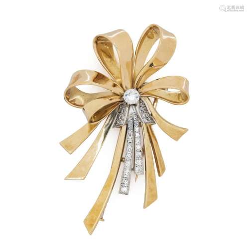 18kt yellow and white gold and diamonds ribbon brooch
