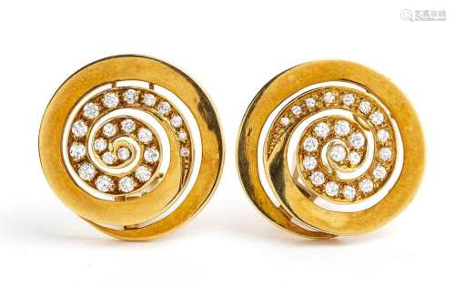 Pair of gold and diamond spiral motif earrings - mark of  BU...