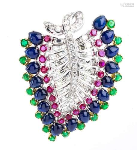 Gold leaf brooch with sapphires, emeralds, rubies and diamon...