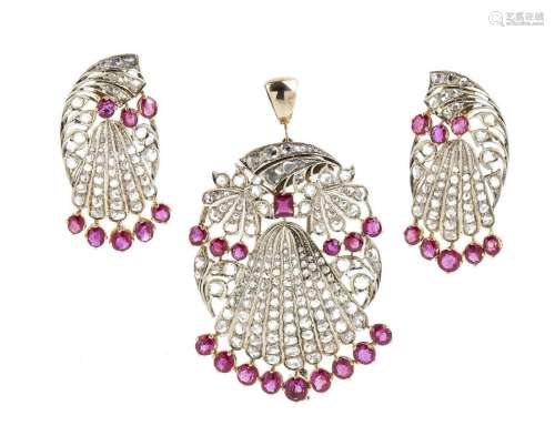 Victorian silver gold ruby diamond pair of earrings and broo...