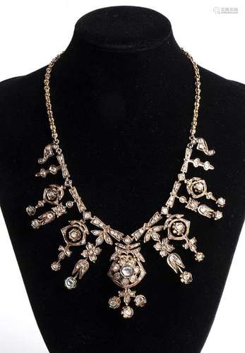 Gold necklace with rose cut diamond fringe - 19th century