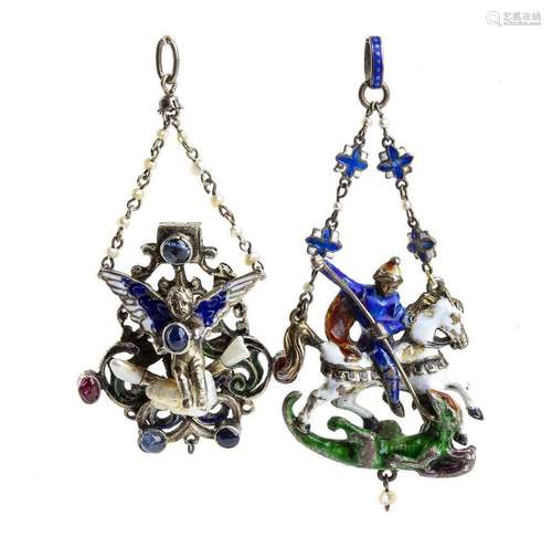 Two silver and enamel pendants - 19th century