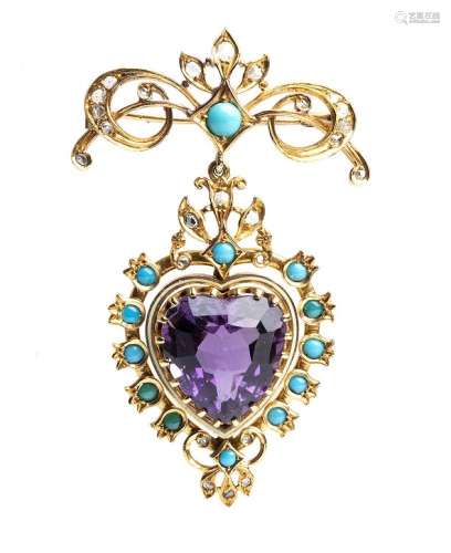 Pendant brooch with amethyst, turquoise and rose-cut diamond...