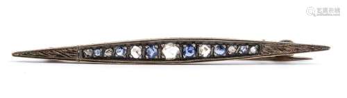 Gold sapphire diamond bar brooch - late 19th century.