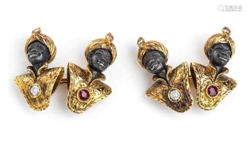 Gold and silver cufflinks with diamonds and rubies, depictin...