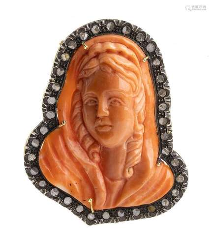 Cerasuolo coral cameo diamond silver gold brooch