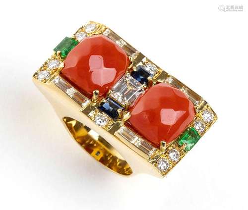 Mediterranean coral diamond emerald sapphire gold band ring