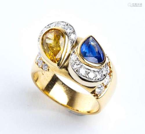 Blue sapphire yellow sapphire diamond contrarie' gold band  ...