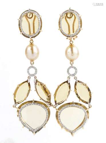 Pair of drop earrings with freshwater pearls citrine quartz ...