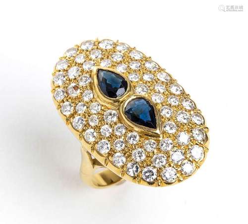 Gold ring with pair of sapphires and pavè diamonds