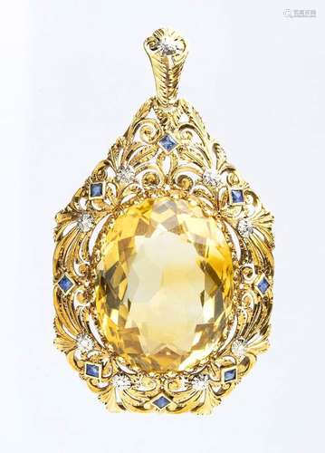 Citrine quartz sapphires gold pendant