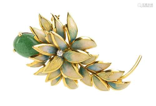 Gold floral brooch with aventurine quartz, diamonds and enam...