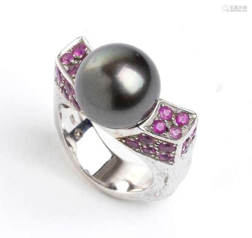 Tahitian pearl ruby gold ring - signed TORRINI